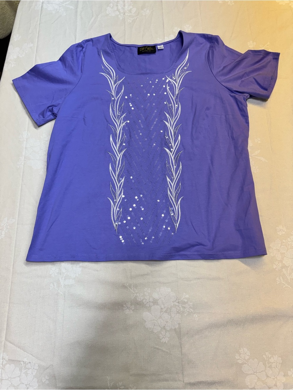 Bob Mackie Purple Short-Sleeve Embellished Scoop Neck Top